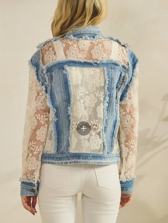 Veveret Jackets & Blazers - Western Floral Lace Semi Sheer Button Down Frayed Jacket